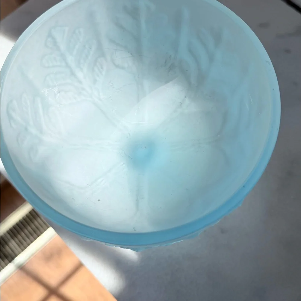 Blue Frosted Glass Compote with Leaf Relief